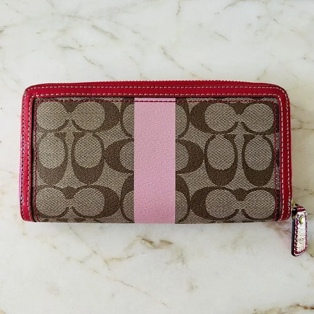 COACH Heritage Khaki Pink Stripe Accordion Zip Wallet In Signature Canvas